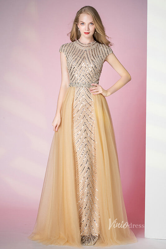 Prom Dress 2025 Vintage Gold Beaded Formal Evening Dress Overskirt Prom Dress FD2375-unique prom dresses-Gold-US 2-Viniodress