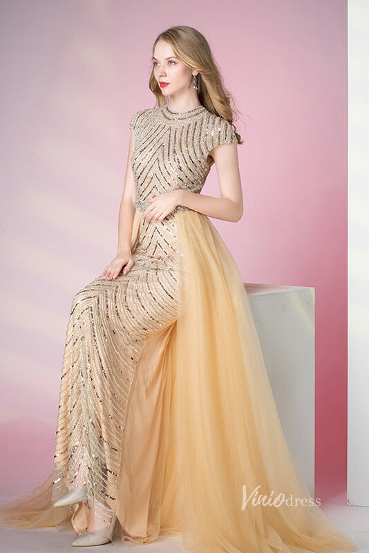 Prom Dress 2025 Vintage Gold Beaded Formal Evening Dress Overskirt Prom Dress FD2375-unique prom dresses-Gold-US 2-Viniodress