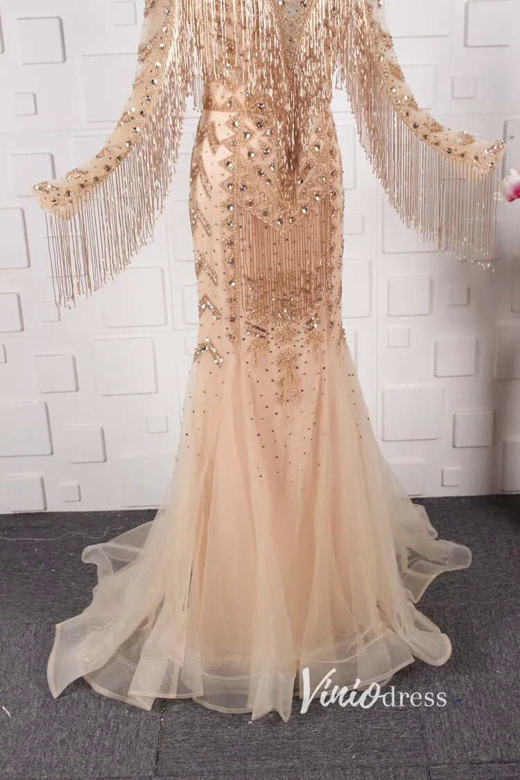 Vintage Gold Beaded Prom Dress Cape Sleeve Mother of Bride Dress FD2824-Evening Dresses 2025 -Viniodress-Gold-US 8-