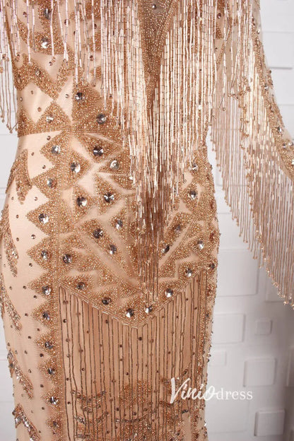 Vintage Gold Beaded Prom Dress Cape Sleeve Mother of Bride Dress FD2824-Evening Dresses 2025 -Viniodress-Gold-US 8-