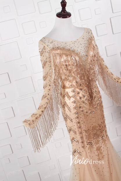 Vintage Gold Beaded Prom Dress Cape Sleeve Mother of Bride Dress FD2824-Evening Dresses 2025 -Viniodress-Gold-US 8-