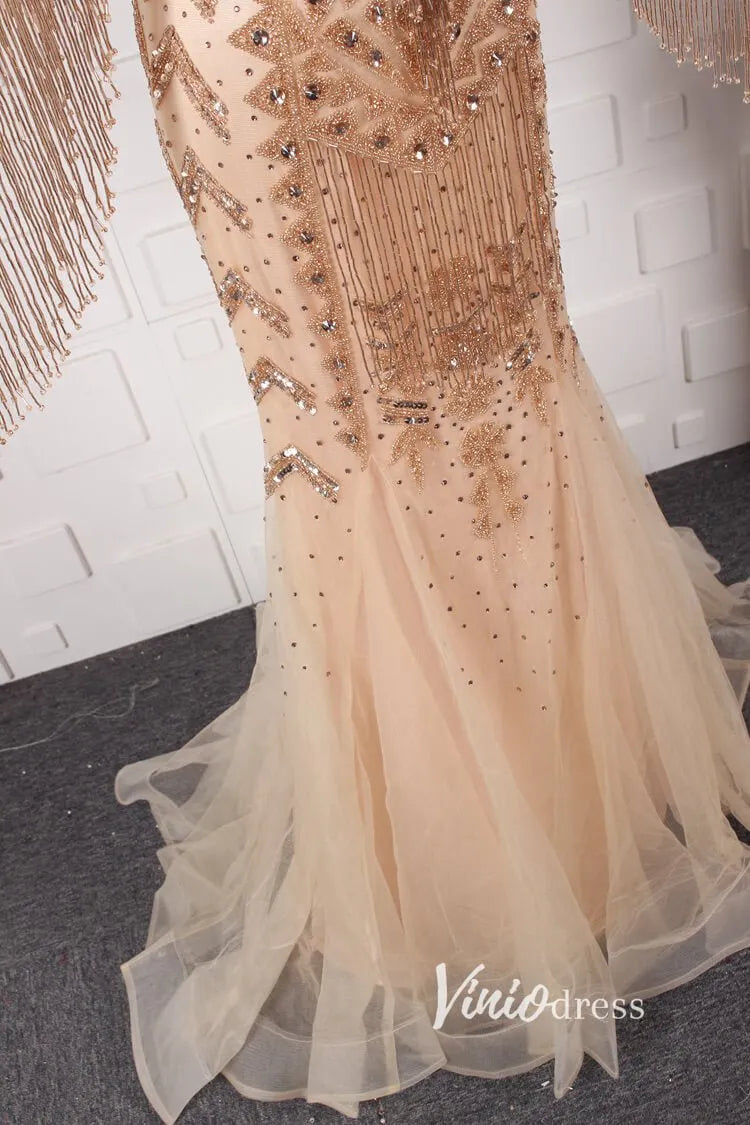 Vintage Gold Beaded Prom Dress Cape Sleeve Mother of Bride Dress FD2824-Evening Dresses 2025 -Viniodress-Gold-US 8-