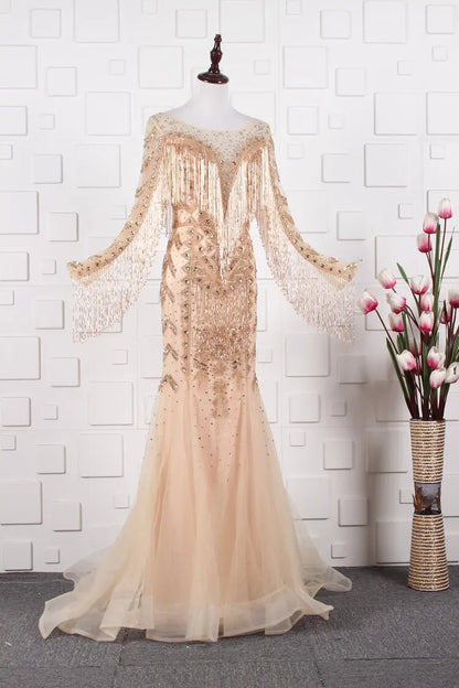 Vintage Gold Beaded Prom Dress Cape Sleeve Mother of Bride Dress FD2824-Evening Dresses 2025 -Viniodress-Gold-US 8-