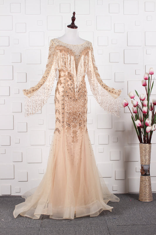 Prom Dress 2025 Vintage Gold Beaded Prom Dress Cape Sleeve Mother of Bride Dress FD2824-unique prom dresses-Gold-US 8-Viniodress