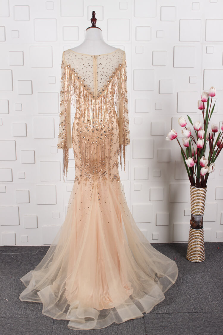 Prom Dress 2025 Vintage Gold Beaded Prom Dress Cape Sleeve Mother of Bride Dress FD2824-unique prom dresses-Gold-US 8-Viniodress