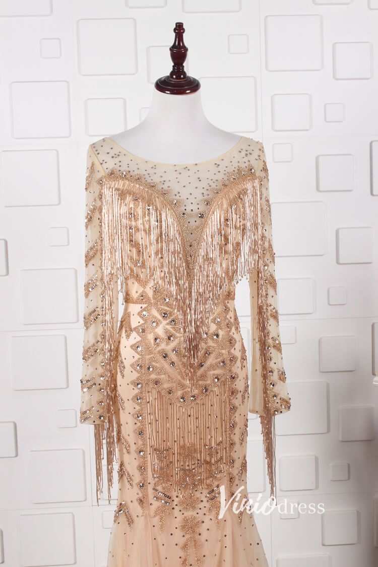 Prom Dress 2025 Vintage Gold Beaded Prom Dress Cape Sleeve Mother of Bride Dress FD2824-unique prom dresses-Gold-US 8-Viniodress