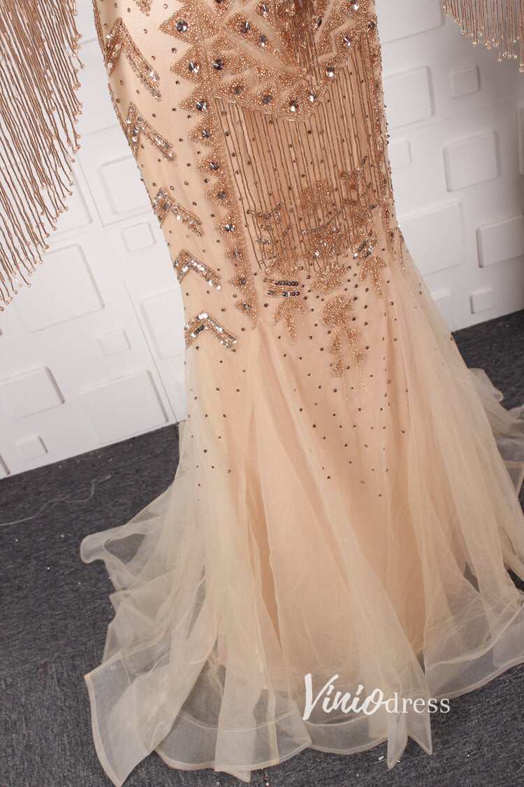 Prom Dress 2025 Vintage Gold Beaded Prom Dress Cape Sleeve Mother of Bride Dress FD2824-unique prom dresses-Gold-US 8-Viniodress