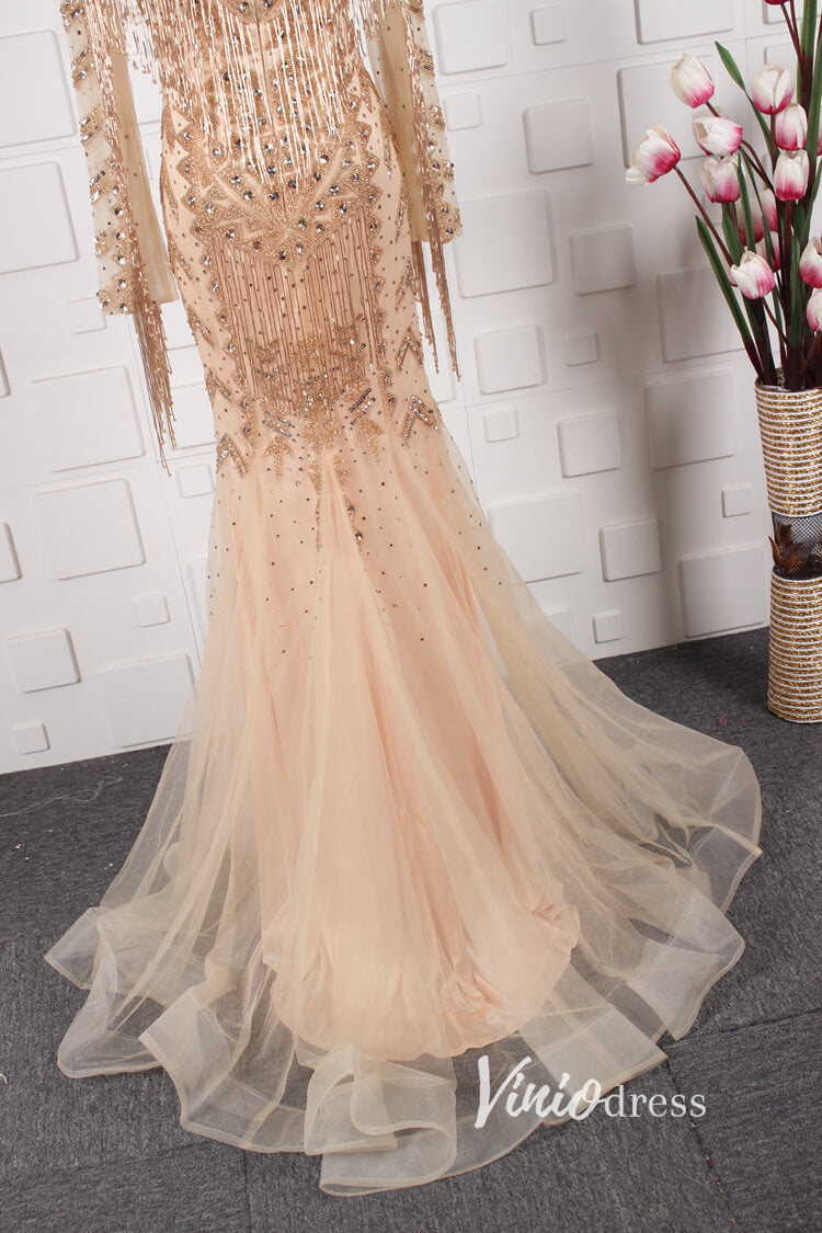 Prom Dress 2025 Vintage Gold Beaded Prom Dress Cape Sleeve Mother of Bride Dress FD2824-unique prom dresses-Gold-US 8-Viniodress