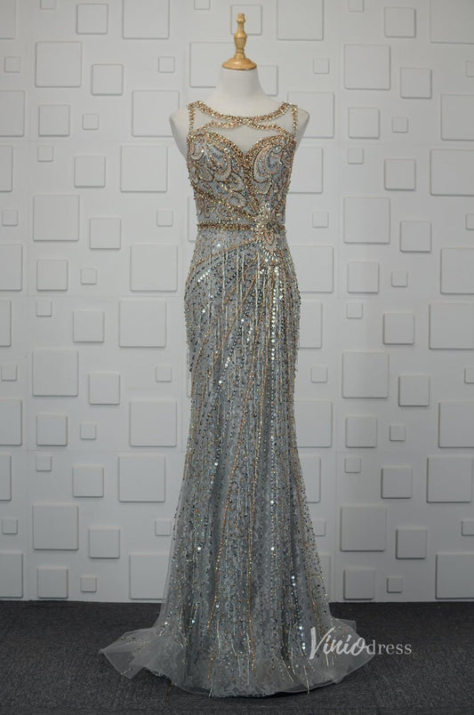 Vintage Gold Beaded Sheath Prom Dress Grey Evening Dress FD2668-Evening Dresses 2025 -Viniodress-Grey-US 2-