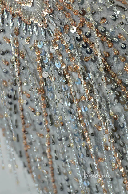 Vintage Gold Beaded Sheath Prom Dress Grey Evening Dress FD2668-Evening Dresses 2025 -Viniodress-Grey-US 2-