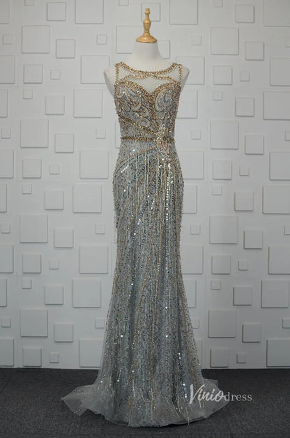 Vintage Gold Beaded Sheath Prom Dress Grey Evening Dress FD2668-Evening Dresses 2025 -Viniodress-Grey-US 2-