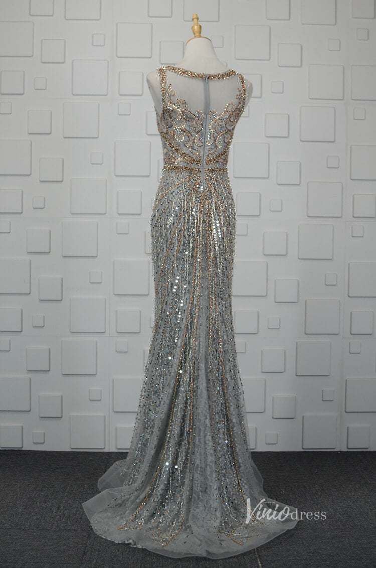 Prom Dress 2025 Vintage Gold Beaded Sheath Prom Dress Grey Evening Dress FD2668-unique prom dresses-Grey-US 2-Viniodress