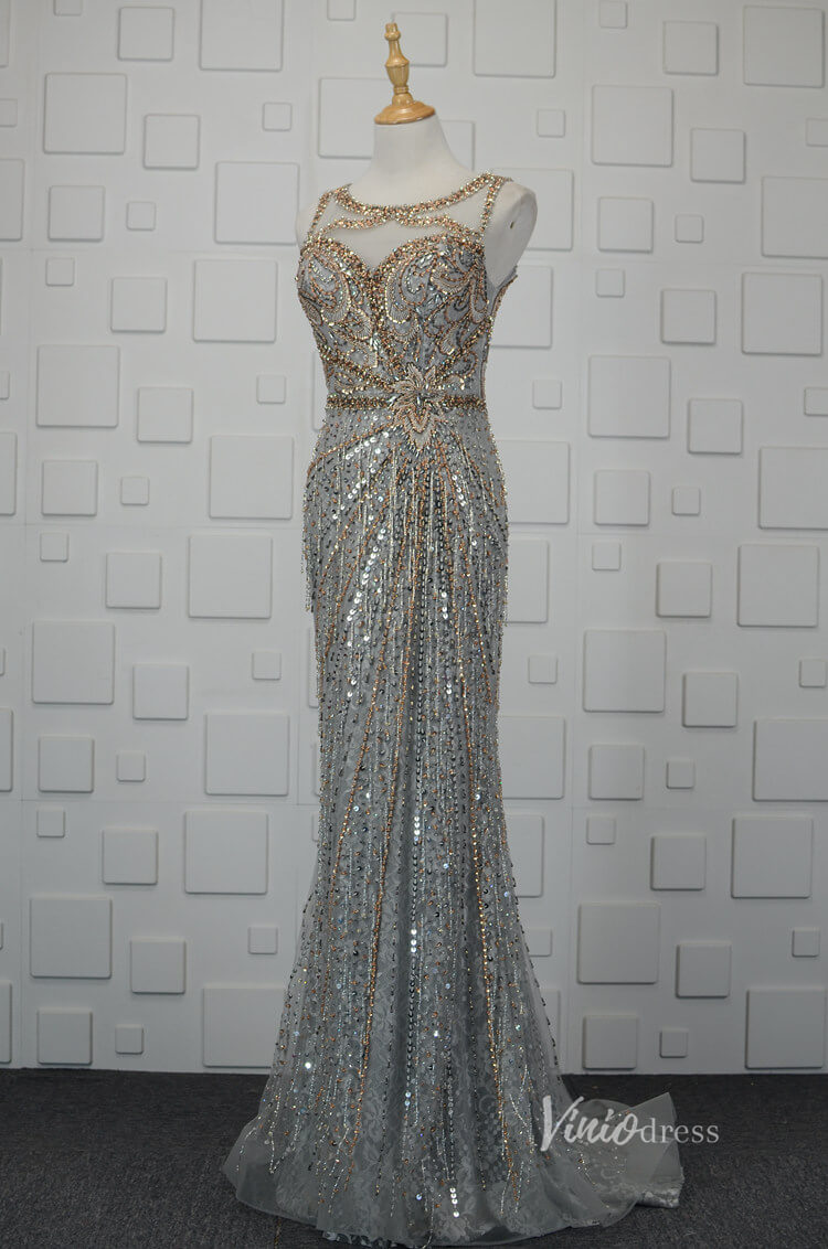 Prom Dress 2025 Vintage Gold Beaded Sheath Prom Dress Grey Evening Dress FD2668-unique prom dresses-Grey-US 2-Viniodress