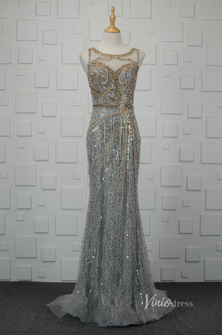 Prom Dress 2025 Vintage Gold Beaded Sheath Prom Dress Grey Evening Dress FD2668-unique prom dresses-Grey-US 2-Viniodress