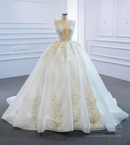 Vintage Gold Lace Wedding Dresses Plunging V Neck Wedding Gown VW1774-wedding dresses 2025 -Viniodress-As Picture-Custom Size-