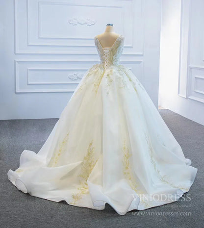 Vintage Gold Lace Wedding Dresses Plunging V Neck Wedding Gown VW1774-wedding dresses 2025 -Viniodress-As Picture-Custom Size-