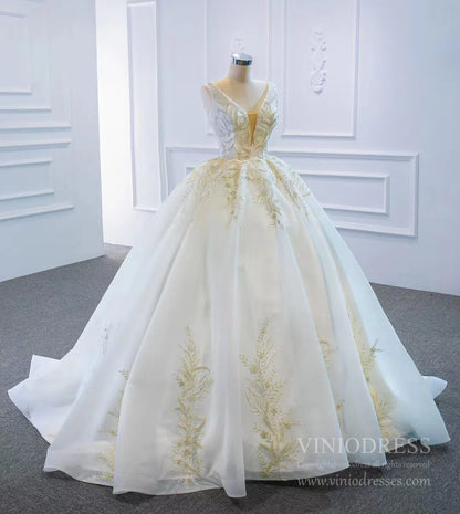 Vintage Gold Lace Wedding Dresses Plunging V Neck Wedding Gown VW1774-wedding dresses 2025 -Viniodress-As Picture-Custom Size-