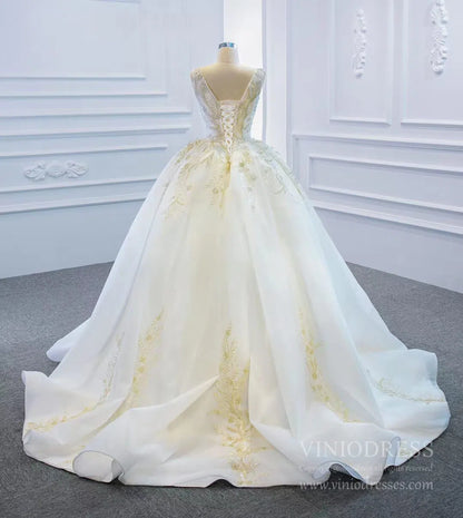 Vintage Gold Lace Wedding Dresses Plunging V Neck Wedding Gown VW1774-wedding dresses 2025 -Viniodress-As Picture-Custom Size-