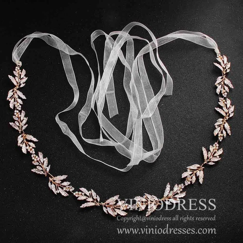 Vintage Gold Leaves Bridal Sash with Crystals AC1058-Sashes & Belts 2025 -Viniodress-Gold-