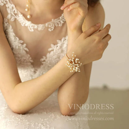 Vintage Gold Pearl Bridal Cuff Bracelet AC1094-Bridal Jewelry 2025 -Viniodress-As Picture-