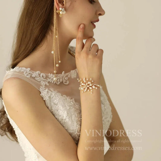 Vintage Gold Pearl Bridal Cuff Bracelet AC1094-Bridal Jewelry 2025 -Viniodress-As Picture-
