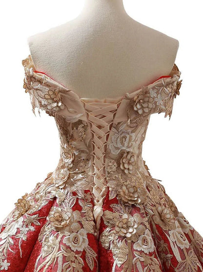 Vintage Gold Prom Dresses Red Floral Lace Quinceañera Dress 66704 viniodress-prom dresses 2025 -Viniodress-Emerald Green-US 2-