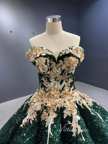 Vintage Gold Prom Dresses Red Floral Lace Quinceañera Dress 66704 viniodress-prom dresses 2025 -Viniodress-Emerald Green-US 2-