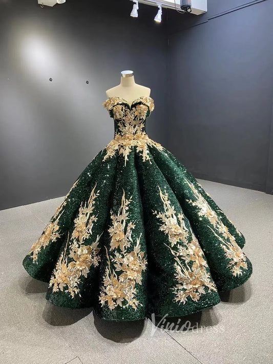 Vintage Gold Prom Dresses Red Floral Lace Quinceañera Dress 66704 viniodress-prom dresses 2025 -Viniodress-Emerald Green-US 2-