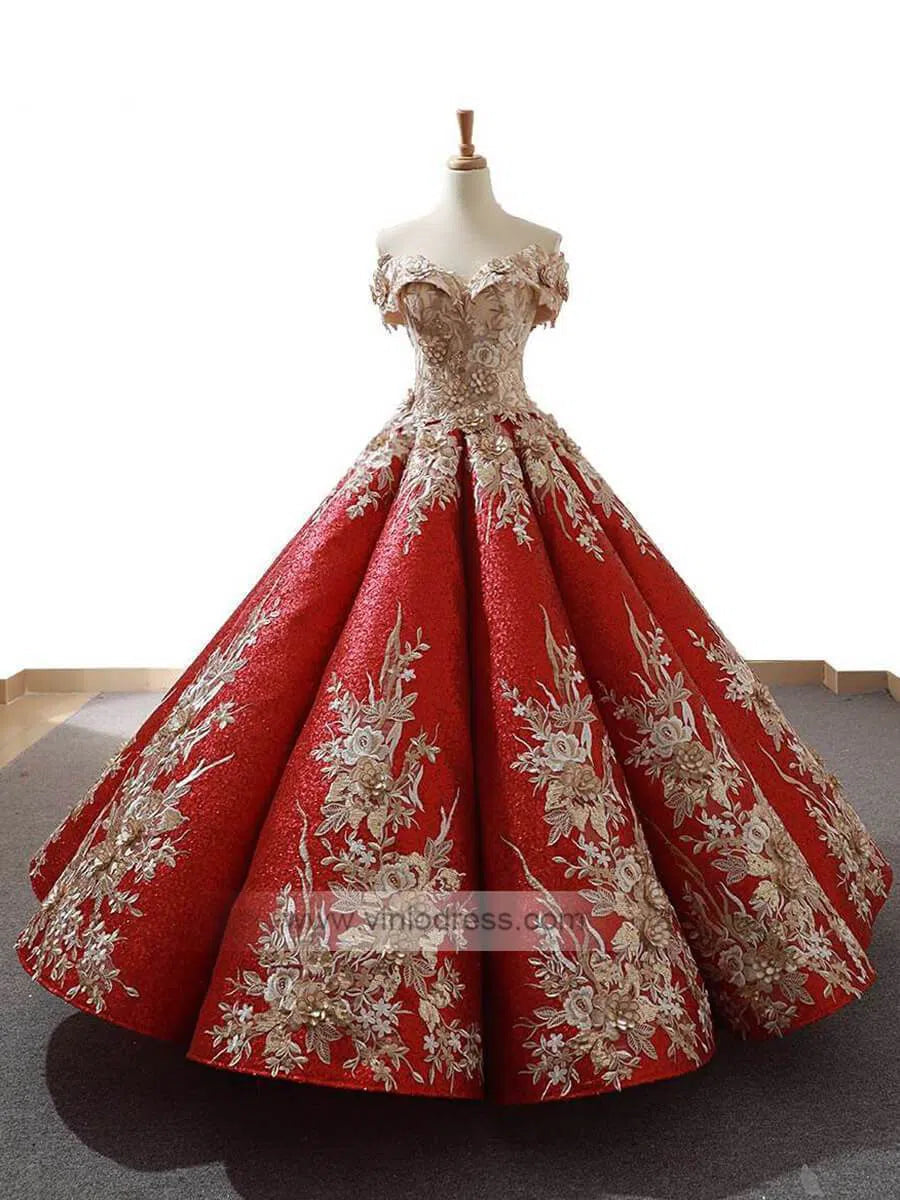 Vintage Gold Prom Dresses Red Floral Lace Quinceañera Dress 66704 viniodress-prom dresses 2025 -Viniodress-Red-US 2-