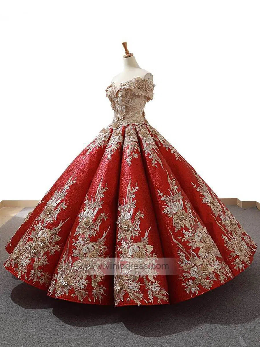 Vintage Gold Prom Dresses Red Floral Lace Quinceañera Dress 66704 viniodress-prom dresses-Viniodress-Viniodress