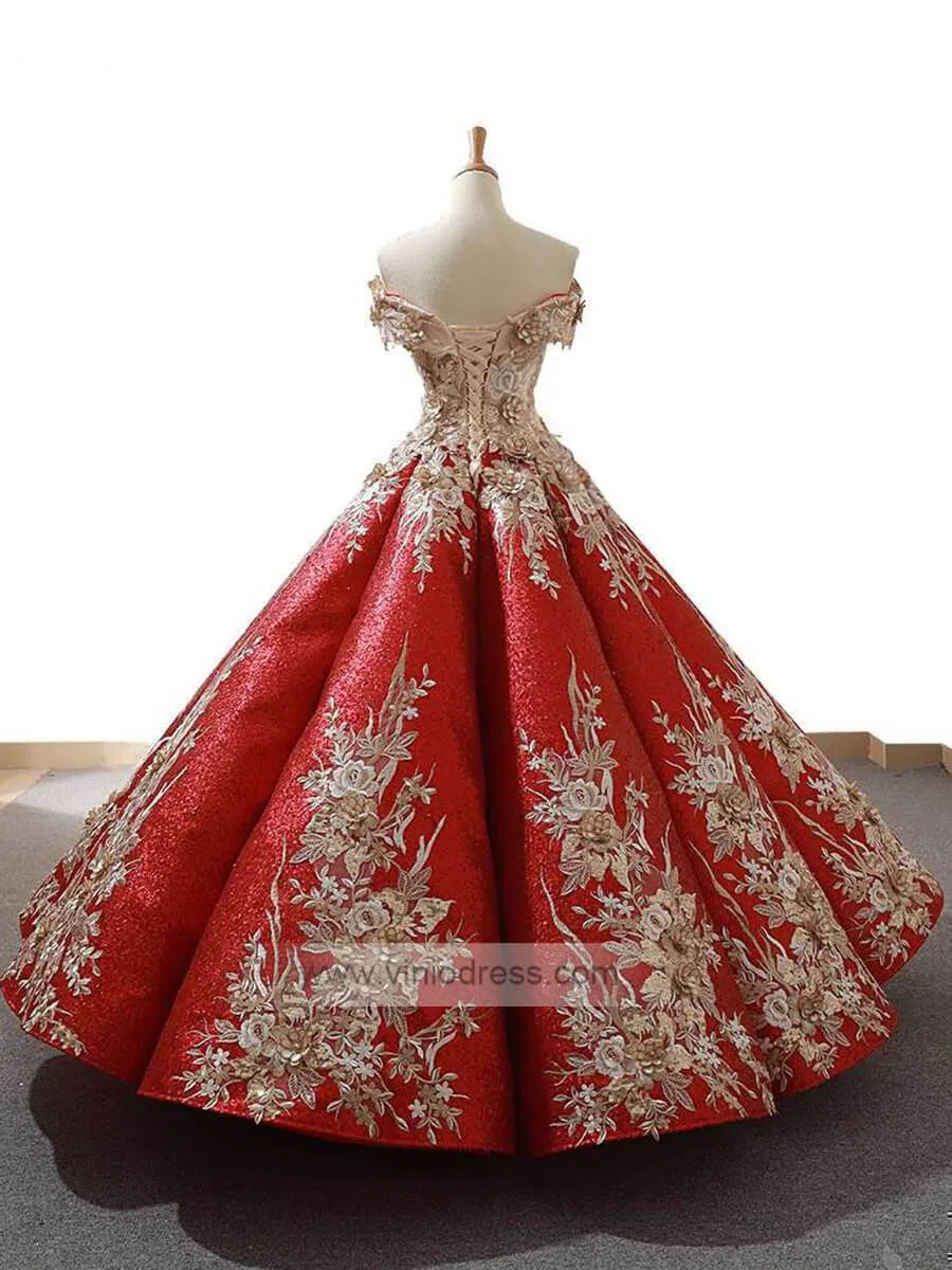 Vintage Gold Prom Dresses Red Floral Lace Quinceañera Dress 66704 viniodress-prom dresses-Viniodress-Viniodress