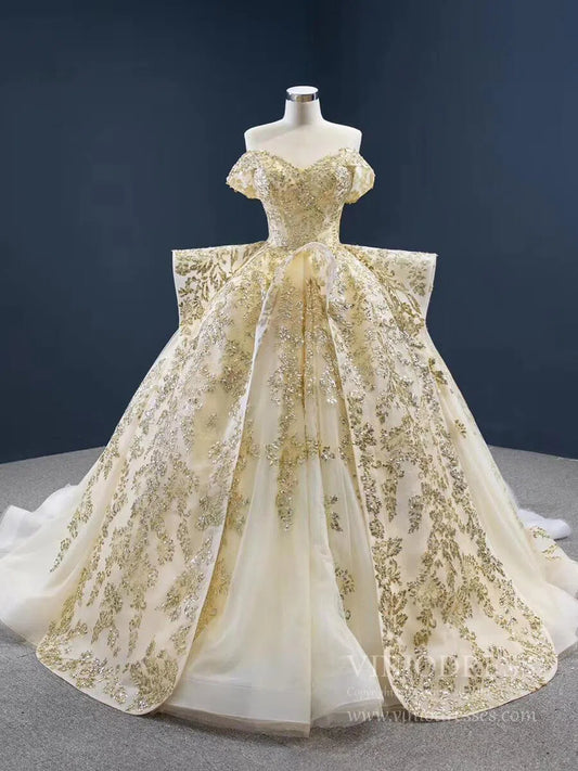 Vintage Gold Wedding Dresses Off the Shoulder Cinderella Ball Gown 67159 viniodress-Quinceanera Dresses 2025 -Viniodress-Gold-Custom Size-