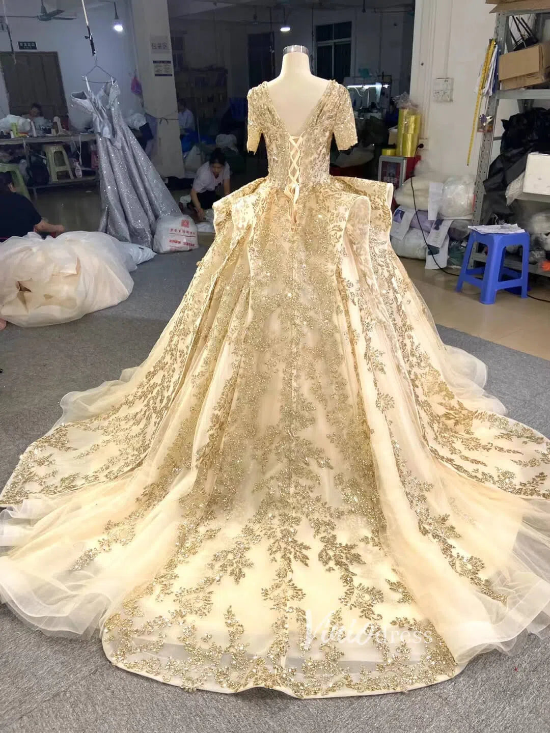 Vintage Gold Wedding Dresses Off the Shoulder Cinderella Ball Gown 67159 viniodress-Quinceanera Dresses 2025 -Viniodress-Gold-Custom Size-