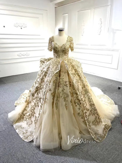 Vintage Gold Wedding Dresses Off the Shoulder Cinderella Ball Gown 67159 viniodress-Quinceanera Dresses 2025 -Viniodress-Gold-Custom Size-