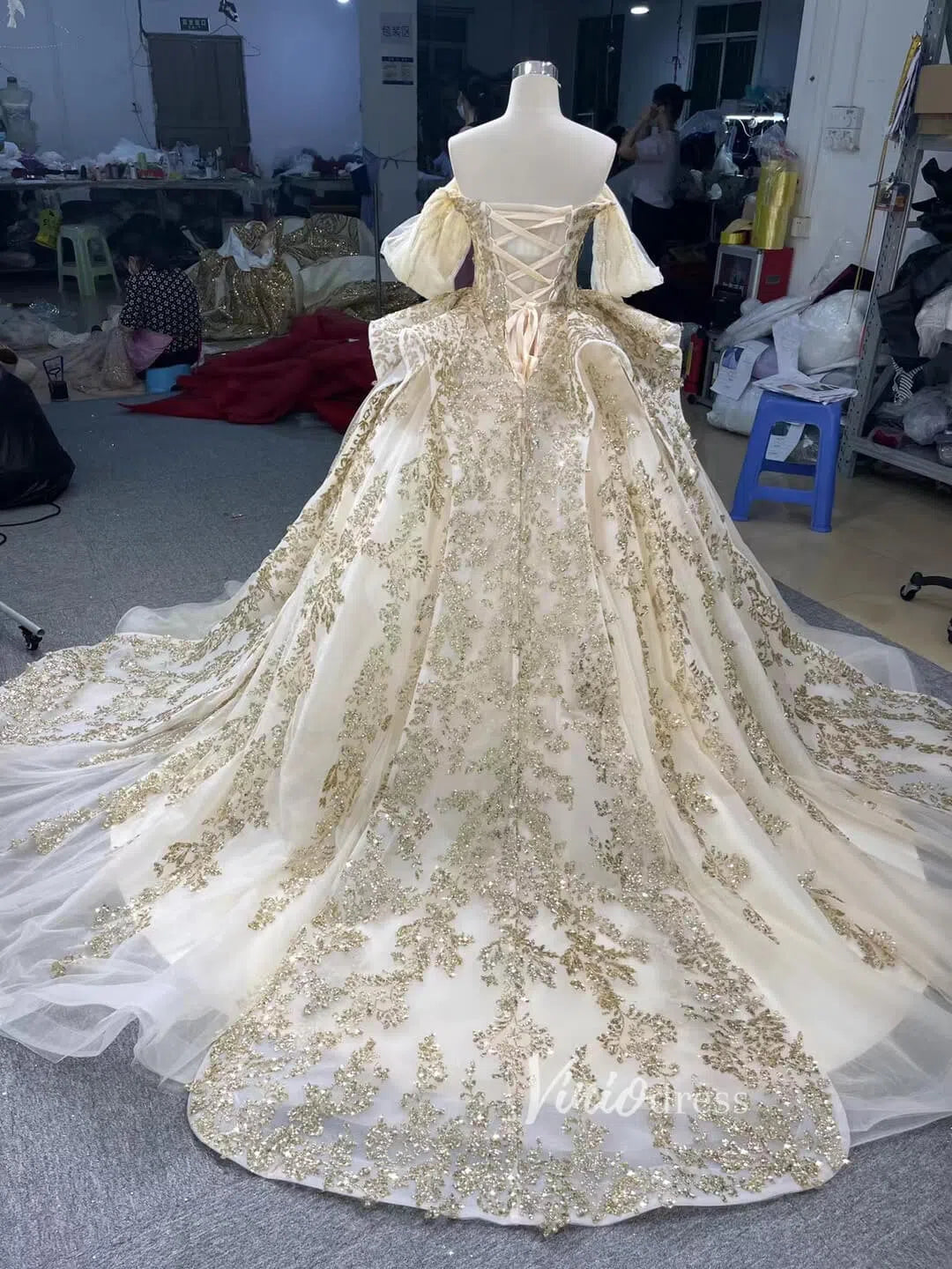 Vintage Gold Wedding Dresses Off the Shoulder Cinderella Ball Gown 67159 viniodress-Quinceanera Dresses 2025 -Viniodress-Gold-Custom Size-