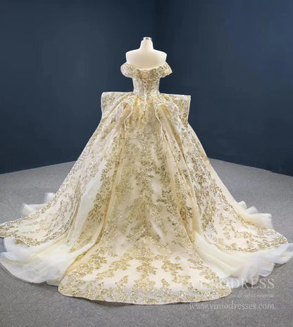 Vintage Gold Wedding Dresses Off the Shoulder Cinderella Ball Gown 67159 viniodress-Quinceanera Dresses 2025 -Viniodress-Gold-Custom Size-