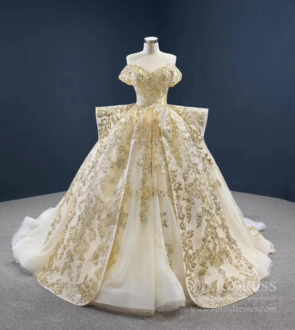 Vintage Gold Wedding Dresses Off the Shoulder Cinderella Ball Gown 67159 viniodress-Quinceanera Dresses 2025 -Viniodress-Gold-Custom Size-