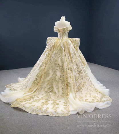Vintage Gold Wedding Dresses Off the Shoulder Cinderella Ball Gown 67159 viniodress-Quinceanera Dresses 2025 -Viniodress-Gold-Custom Size-