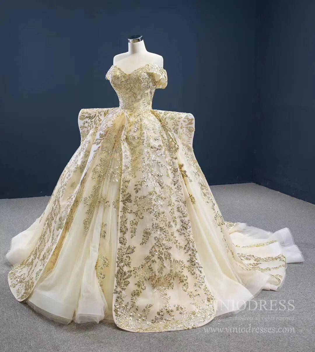 Vintage Gold Wedding Dresses Off the Shoulder Cinderella Ball Gown 67159 viniodress-Quinceanera Dresses 2025 -Viniodress-Gold-Custom Size-
