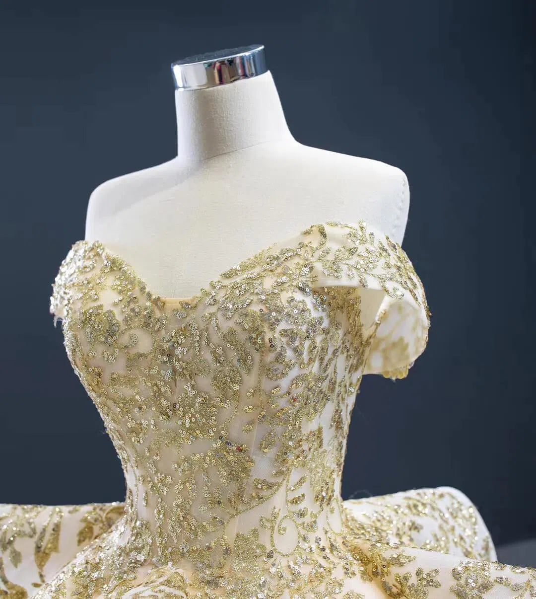 Vintage Gold Wedding Dresses Off the Shoulder Cinderella Ball Gown 67159 viniodress-Quinceanera Dresses 2025 -Viniodress-Gold-Custom Size-