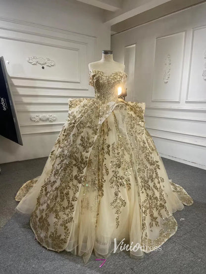 Vintage Gold Wedding Dresses Off the Shoulder Cinderella Ball Gown 67159 viniodress-Quinceanera Dresses 2025 -Viniodress-Gold-Custom Size-