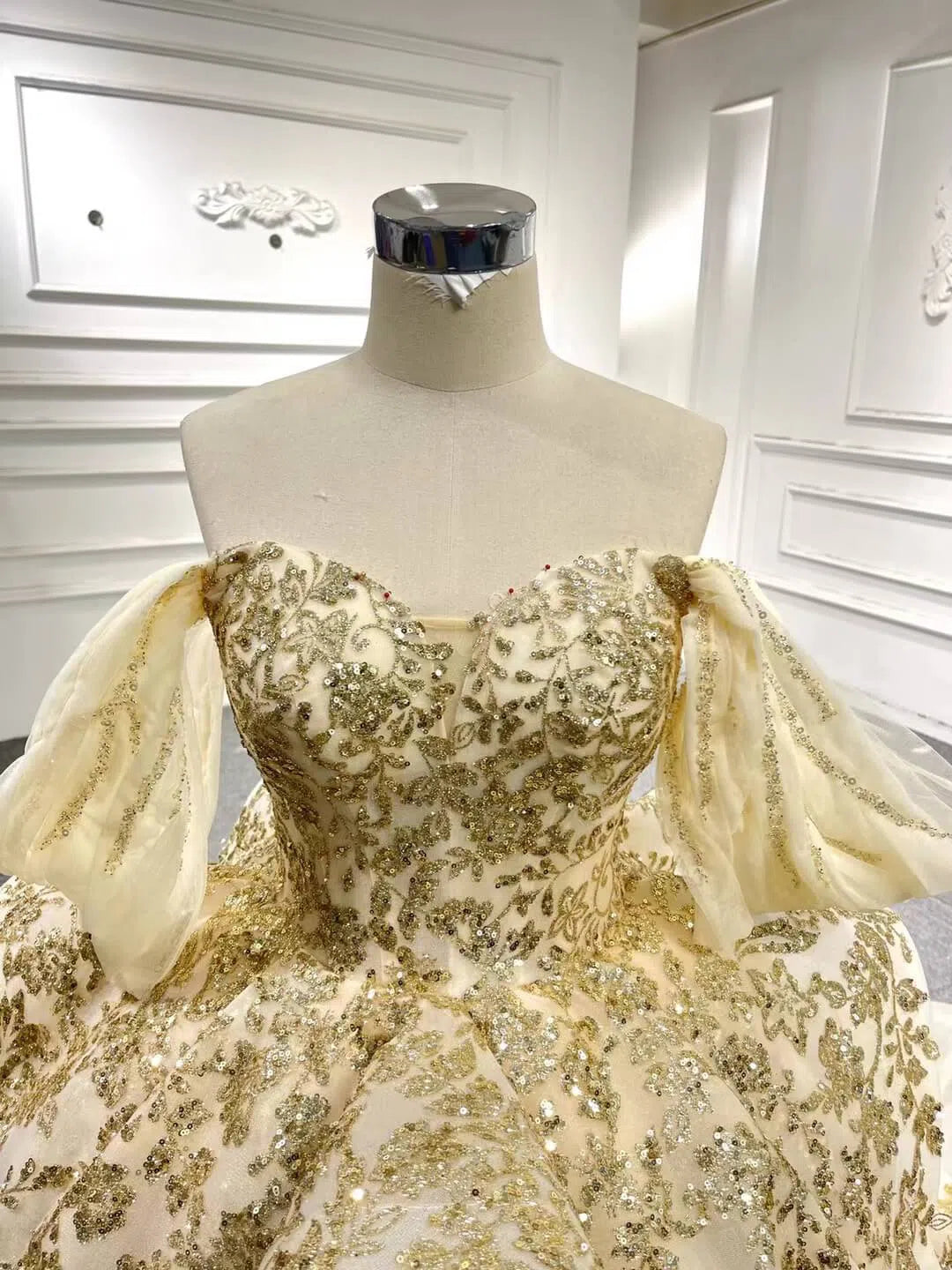 Vintage Gold Wedding Dresses Off the Shoulder Cinderella Ball Gown 67159 viniodress-Quinceanera Dresses 2025 -Viniodress-Gold-Custom Size-