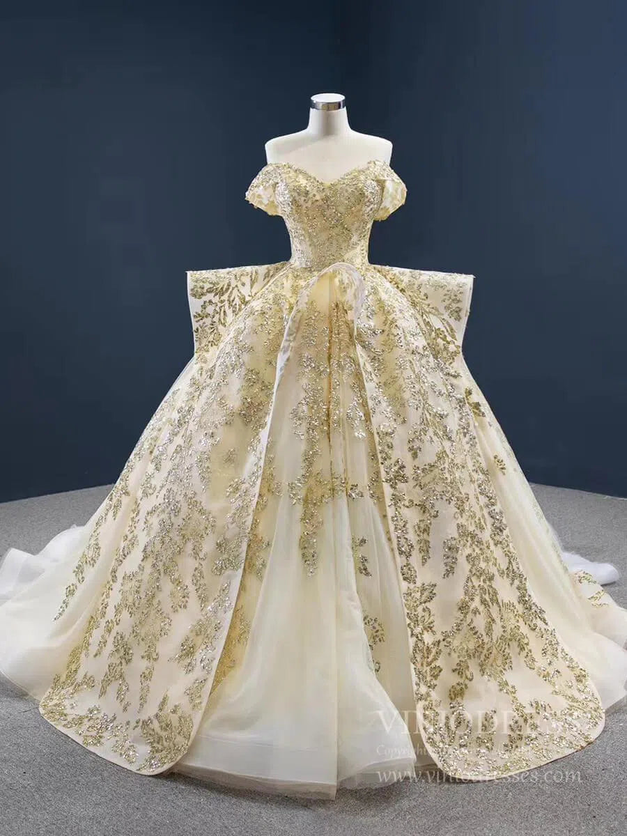 Vintage Gold Wedding Dresses Off the Shoulder Cinderella Ball Gown 67159 viniodress-Quinceanera Dresses 2025 -Viniodress-Gold-Custom Size-