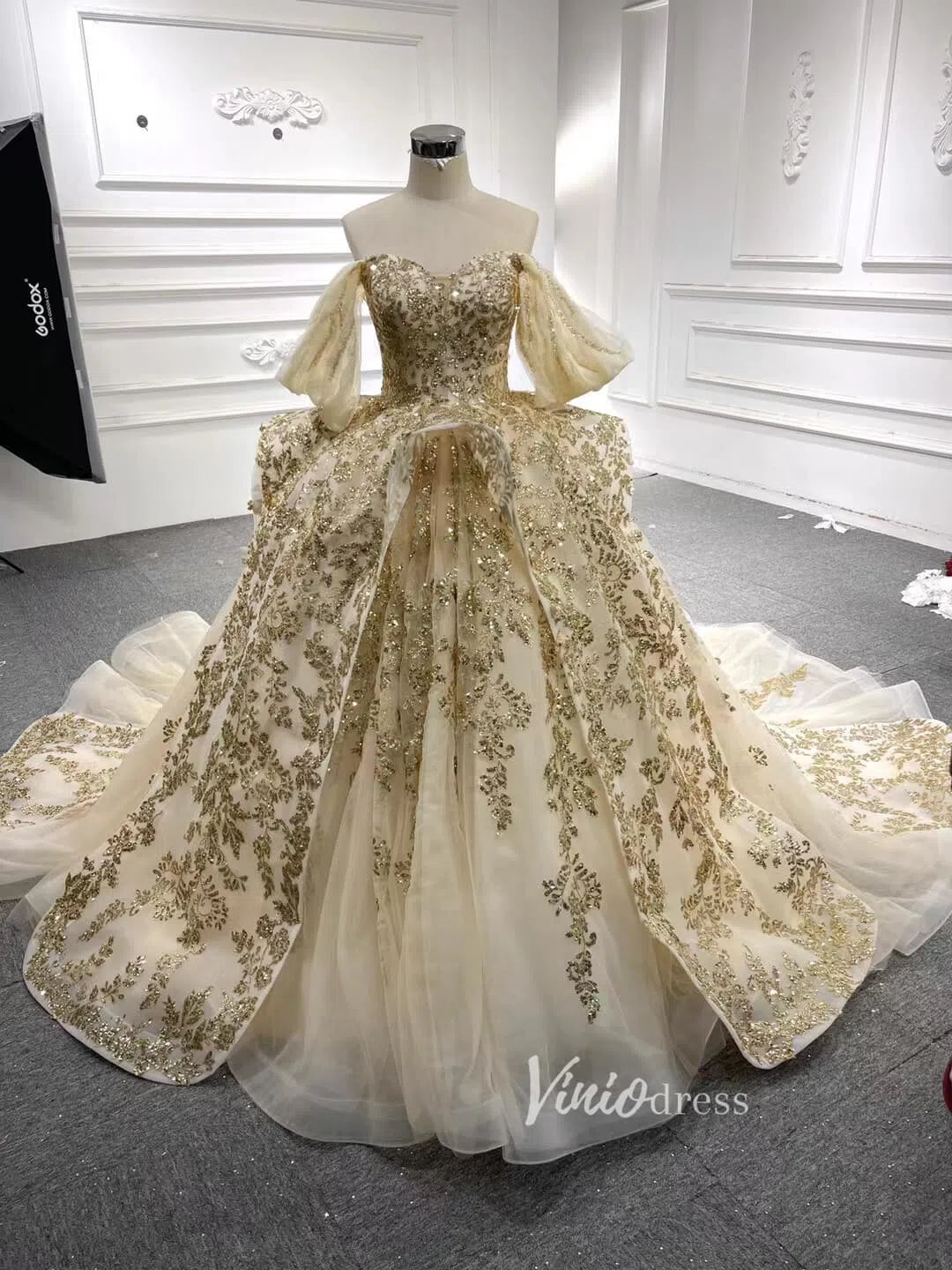 Quinceanera Dresses 2025 Vintage Gold Wedding Dresses Off the Shoulder Cinderella Ball Gown 67159 viniodress-plus size wedding dresses Viniodress-Gold-Custom Size-