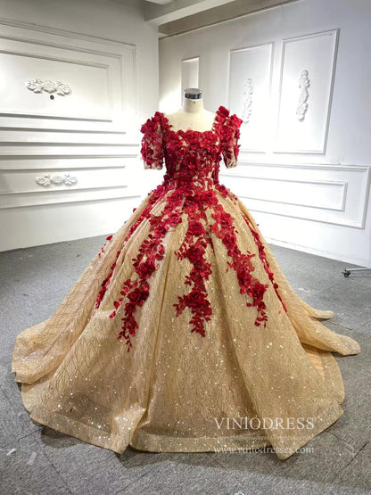 Vintage Gold Wedding Dresses Red 3D Flower Ball Gown Quince Dress 67487-Quinceanera Dresses 2025 -Viniodress-Gold-Custom Size-