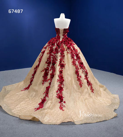 Vintage Gold Wedding Dresses Red 3D Flower Ball Gown Quince Dress 67487-Quinceanera Dresses 2025 -Viniodress-Gold-Custom Size-