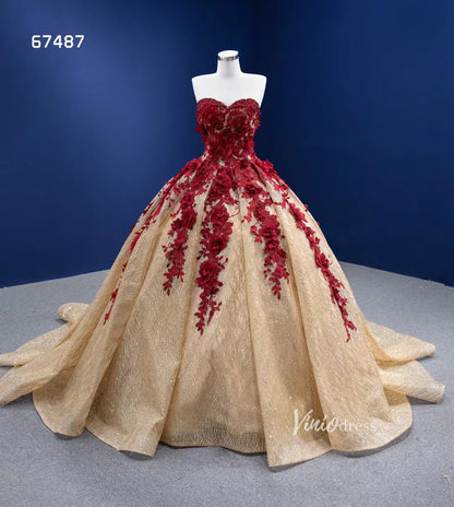 Vintage Gold Wedding Dresses Red 3D Flower Ball Gown Quince Dress 67487-Quinceanera Dresses 2025 -Viniodress-Gold-Custom Size-