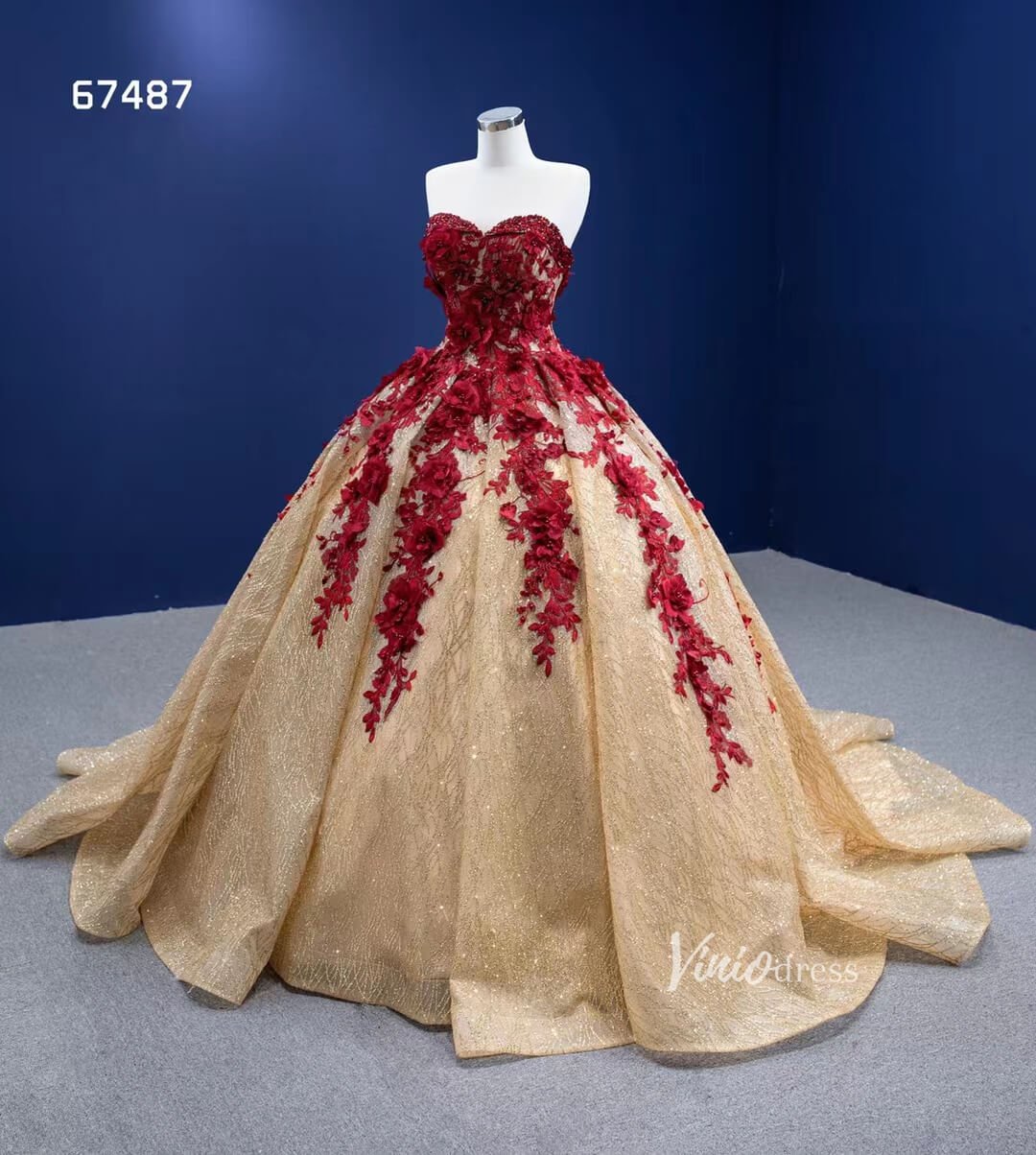 Vintage Gold Wedding Dresses Red 3D Flower Ball Gown Quince Dress 6748 Viniodress Vintage Gold Wedding Dresses Red 3D Flower Ball Gown Quince Dress 6748 Viniodress