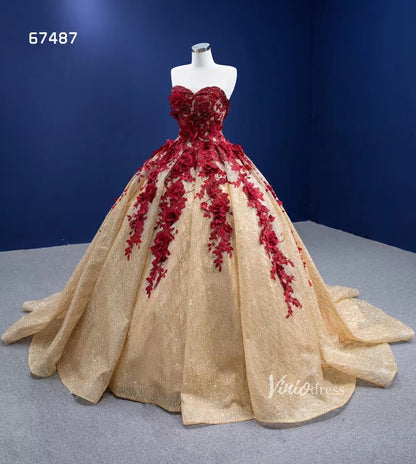 Vintage Gold Wedding Dresses Red 3D Flower Ball Gown Quince Dress 67487-Quinceanera Dresses 2025 -Viniodress-Gold-Custom Size-