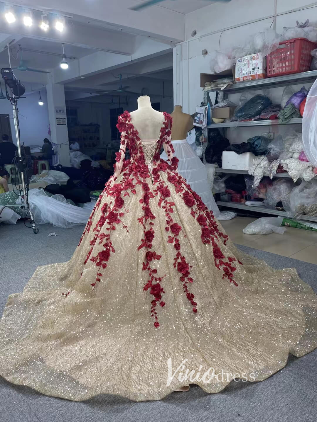 Vintage Gold Wedding Dresses Red 3D Flower Ball Gown Quince Dress 67487-Quinceanera Dresses-Viniodress-Viniodress